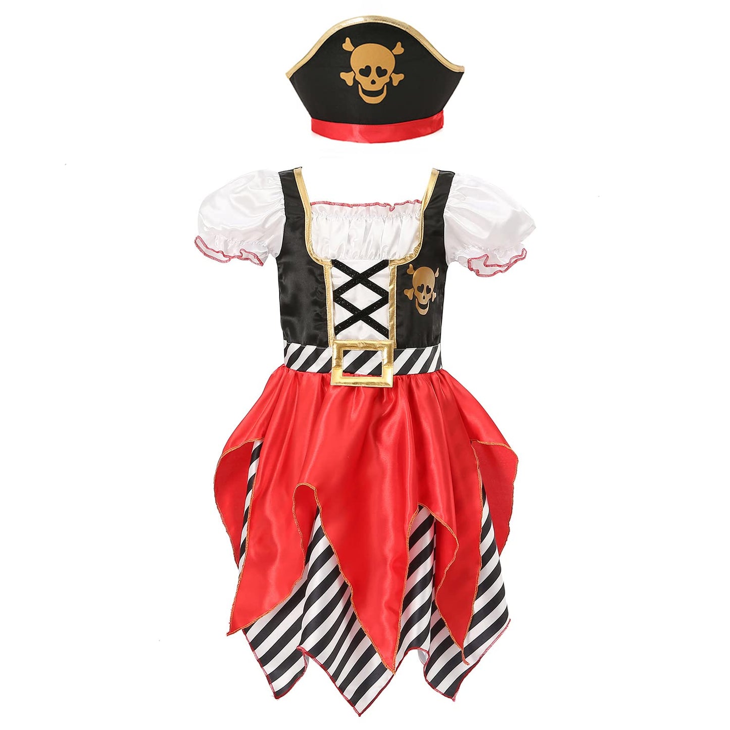 Wizland Girls Pirate Costume Deluxe Buccaneer Princess Dress for Kids with dress hat pouch earring coins Gems decorative replica blade and eye-patch 7-8years