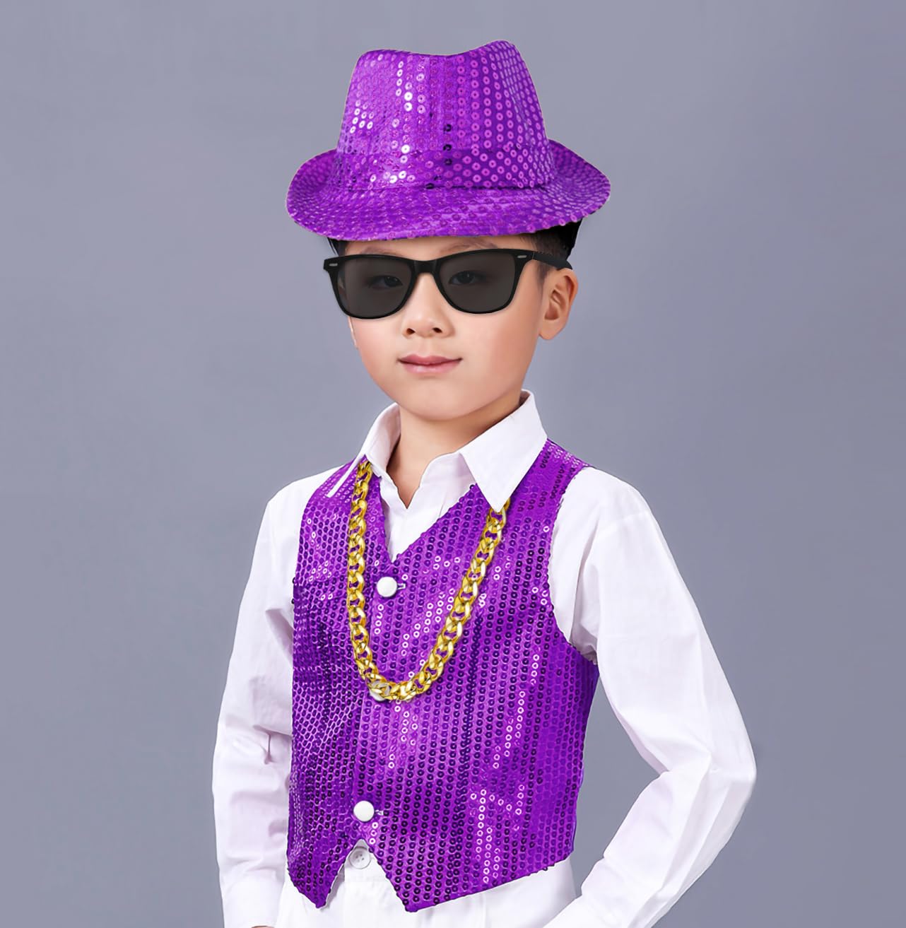 Kids Dance Hip Hop Jazz Costume Boys Sequin Vest Hat Sunglasses Set for Dance Party 6-7 Years Purple
