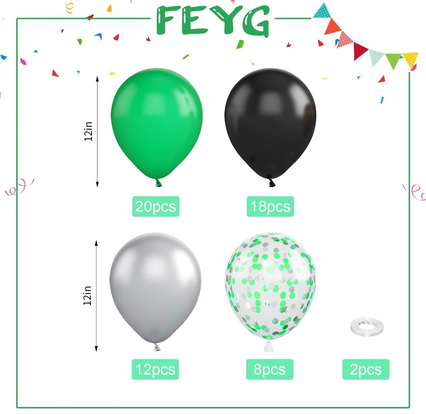 Green And Black Balloons,60 Pcs 12 Inches Matte Dark Green Metallic Silver Matte Black Balloons Confetti Balloons For Baby Birth
