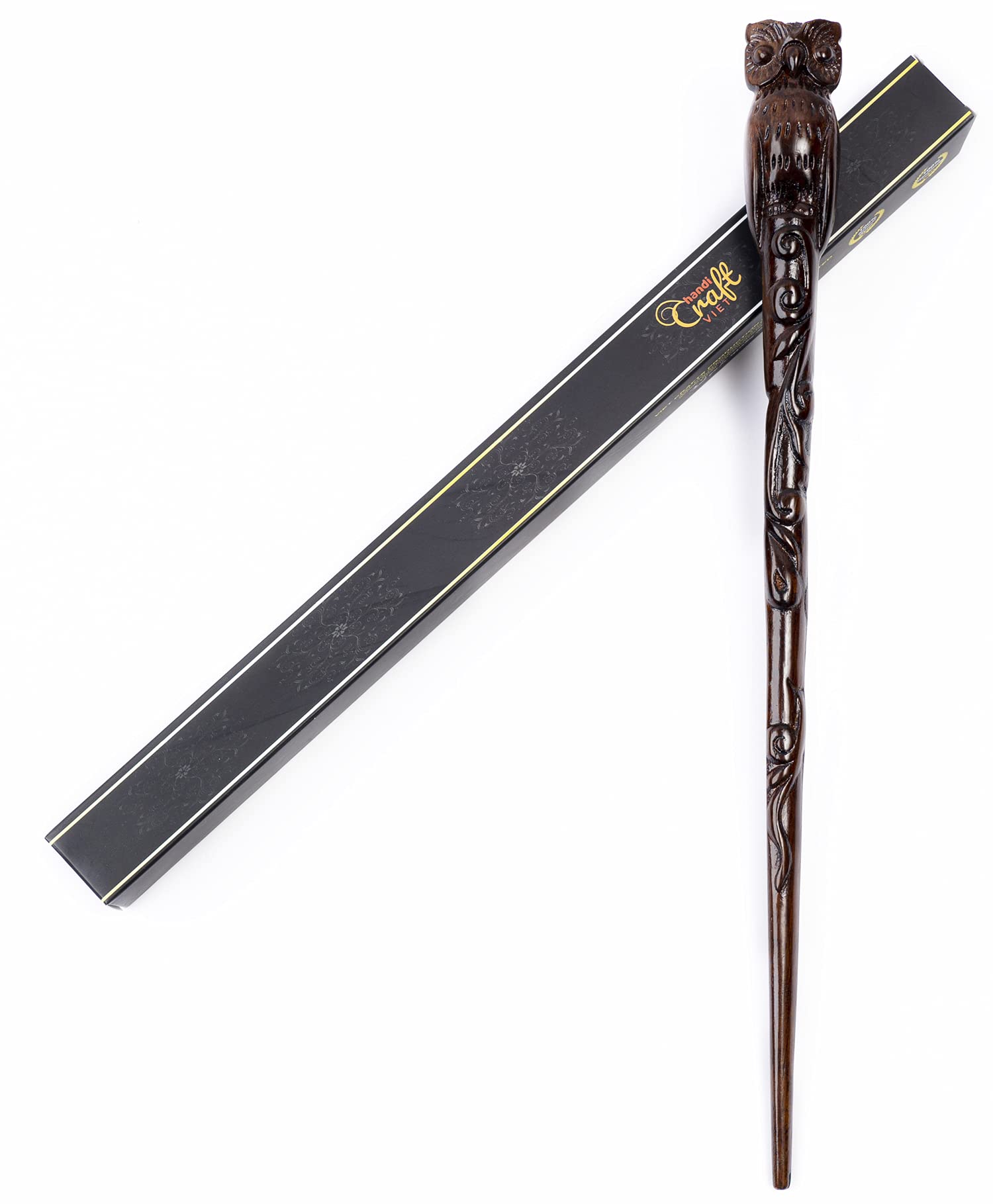 Handicraftviet Hand Carved Owl Wooden Magic Wand  Wizard Wands 15' for mature-themed and Child Great Gift for Halloween  Christmas and Birthday Party (Owl Wand)