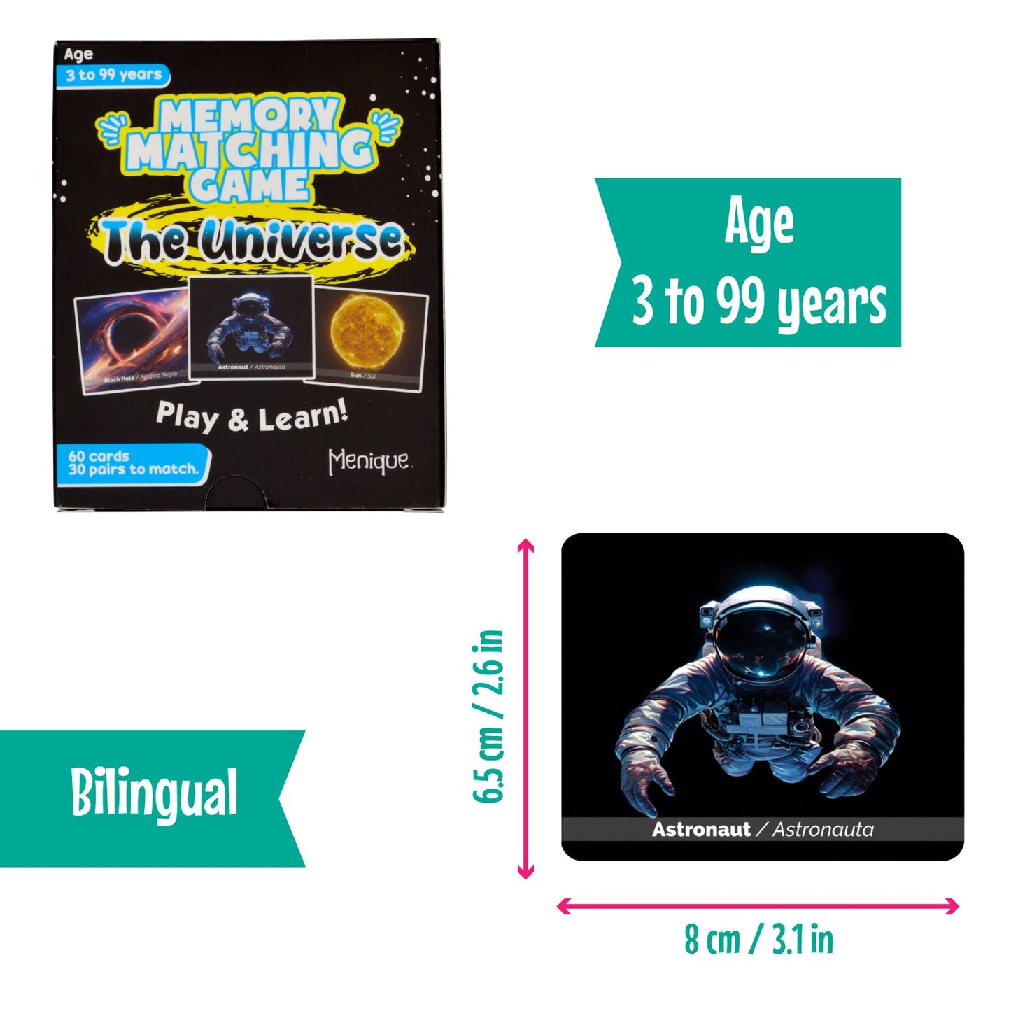 Menique Memory Matching Game – 60 Cards, Bilingual Space Theme – Educational for Kids & Adults, Multicolour, 3.15 x 2.6 inches