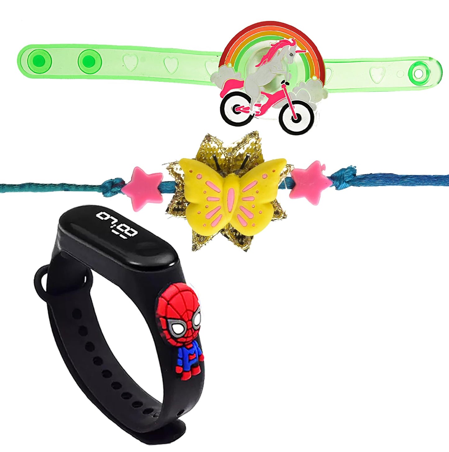 Brown Leaf Pack Of 3 New Kids Rakhi Lighting Wristband With Cartoon Watch For Little Brother Sister Rakshabandhan Favor (Design 
