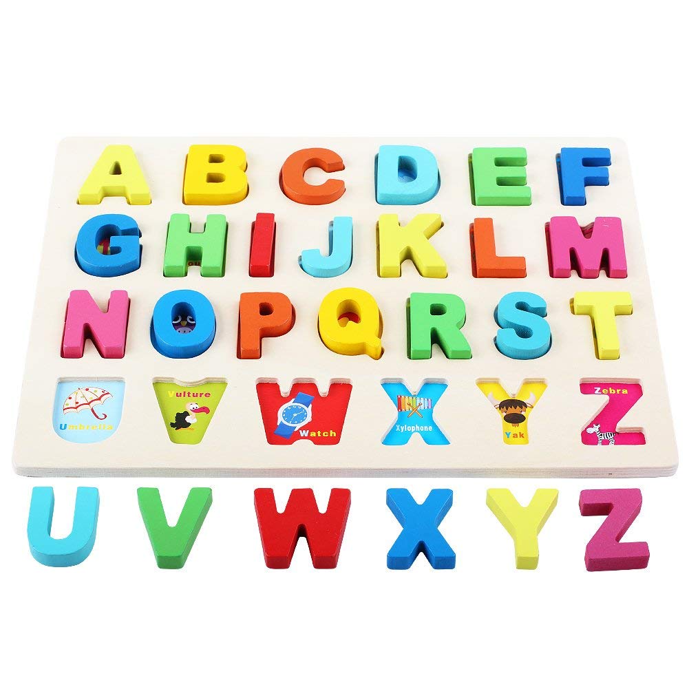 Qzmtoy Wooden Puzzles For Toddlers, Wooden Alphabet Number Shape Puzzles Toddler Learning Puzzle Toys For Kids, 3 In 1 Puzzle For Toddlers, Age 3+ (Set Of 3)
