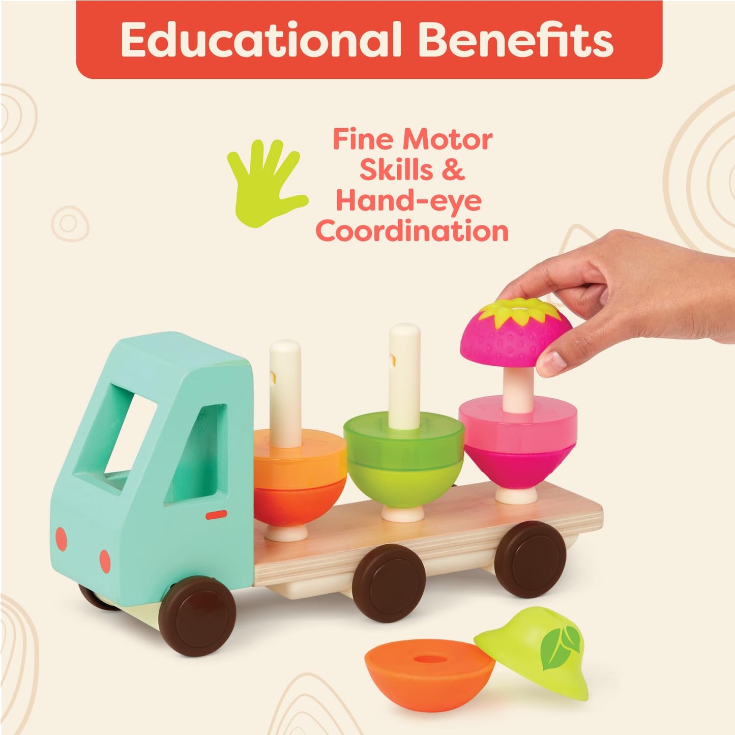 B. Toys- Stack & Roll Fruit Truck- Sort & Stack Toy – Wooden Truck & 9 Stackable Fruit Pieces – Orange, Pear, Strawberry Slices – Learning Toys For Toddlers, Kids – 18 Months +