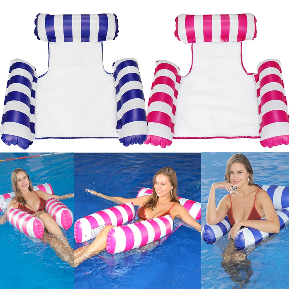 HJW 2-Pack Inflatable Water Lounger Pool Chair, Multi-Purpose Hammock Float, Striped Dark Blue & Rose Red for Adults