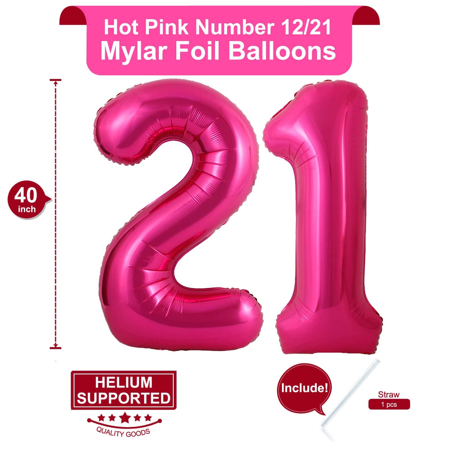 LHOAVWE 40 Inch Hot Pink 21 Number Balloons - Giant Jumbo Foil Mylar for 12th & 21st Birthday Party Decorations