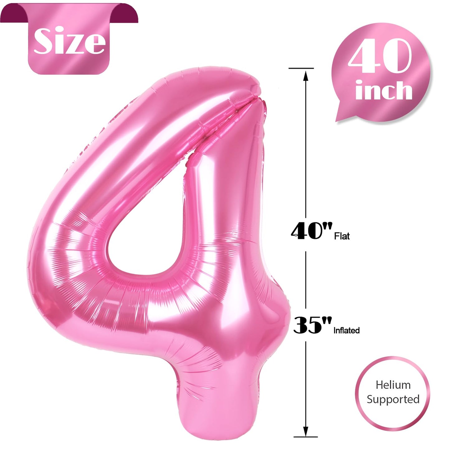 Pink 4 Balloon, Number Balloons 40 Inch, 4Th Birthday Decorations For Girls Four Large Numbers For Party Decor, Number 4 Balloon
