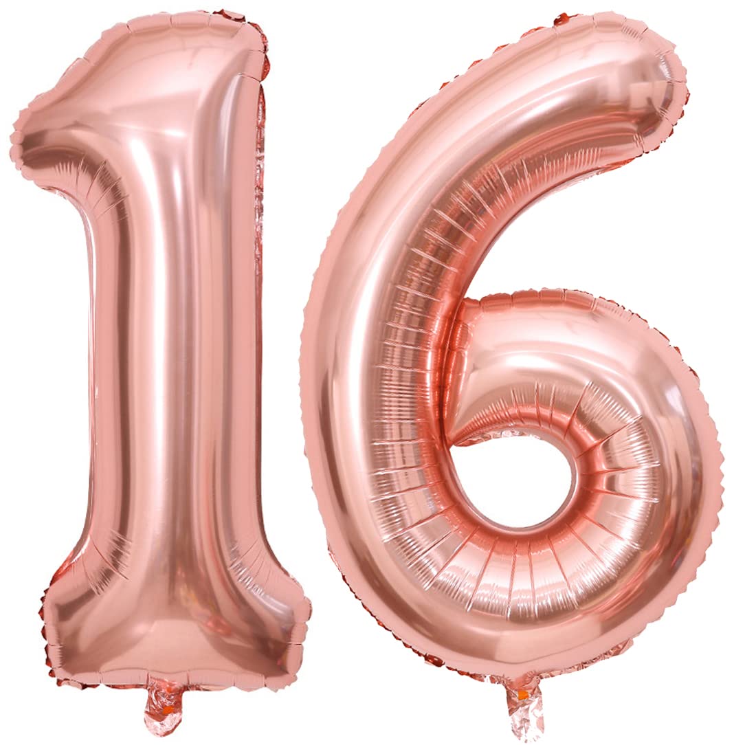 Paticool 16 Number Balloon Rose Gold, 40 Inch Large 16/61 Number Foil Mylar Balloons For 16Th Birthday Party Celebration Decorat