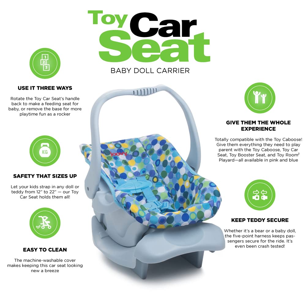 Joovy Toy Car Seat for Dolls - Crash-Tested, Machine-Washable, 21.5" x 13" x 11.7", Blue, Fits 12”-22” Dolls