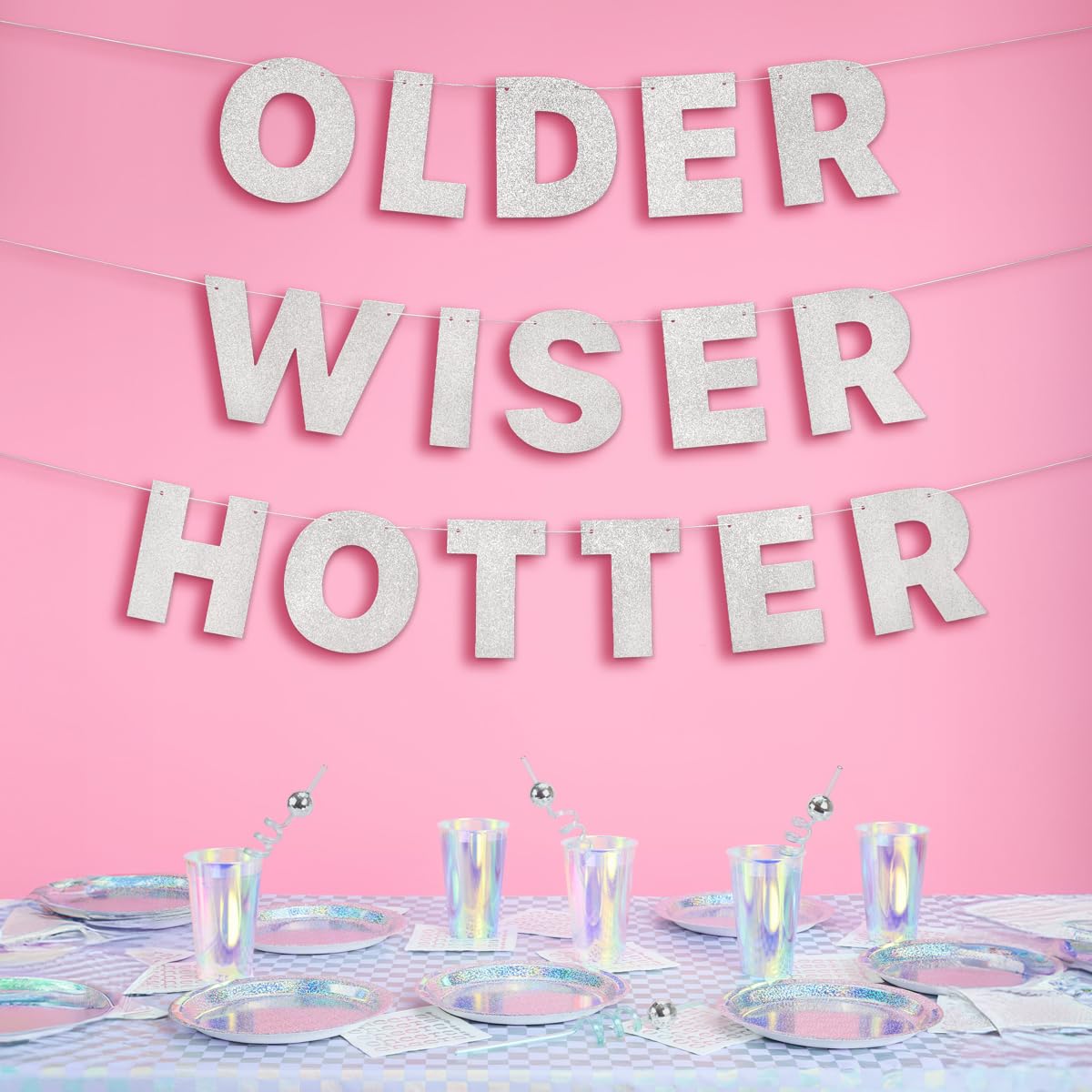 xo, Fetti Older Wiser Hotter Glitter Banner - Silver, 3 Ft. | Fun Birthday Party Decorations, 30th Birthday Decor, HBD, Gag Gift