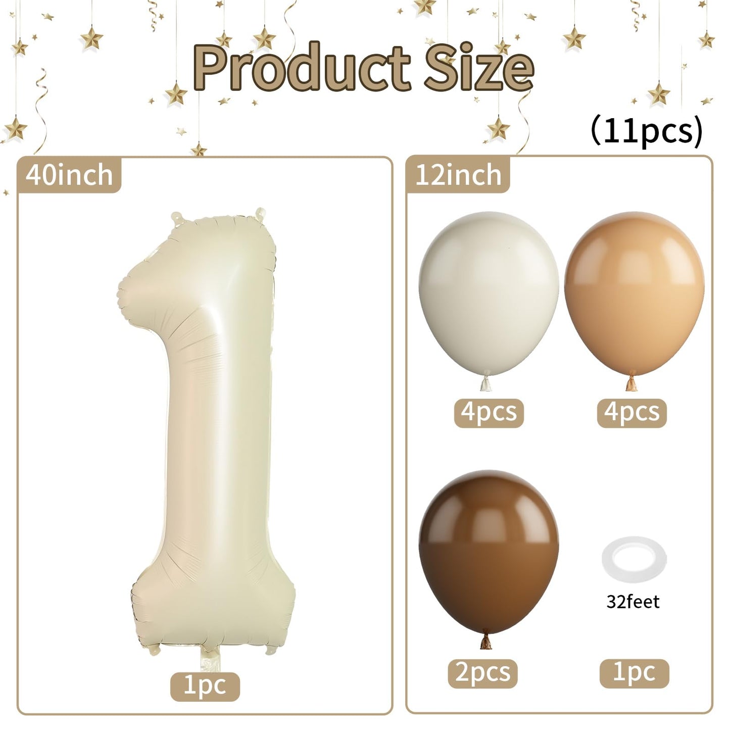 40 Inch Cream White Number 1 Balloon, 1St Birthday Balloons, 11Pcs Retro Apricot Brown Sand White Latex Balloons 1 Foil Balloon