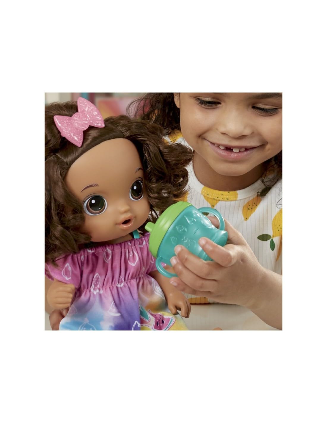 Baby Alive Fruity Sips Doll, Lemon, Toys For 3 Year Old Girls, 12-Inch Baby Doll Set, Drinks & Wets, Pretend Juicer, Kids 3 And Up, Brown Hair