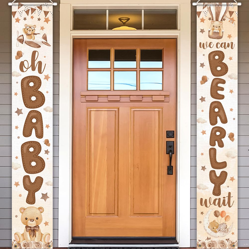 Bear Baby Shower Party Decoration-2 Pices We Can Bearly Wait Porch Sign Banner,Gender Reveal Banner Porch Sign For Welcome Baby