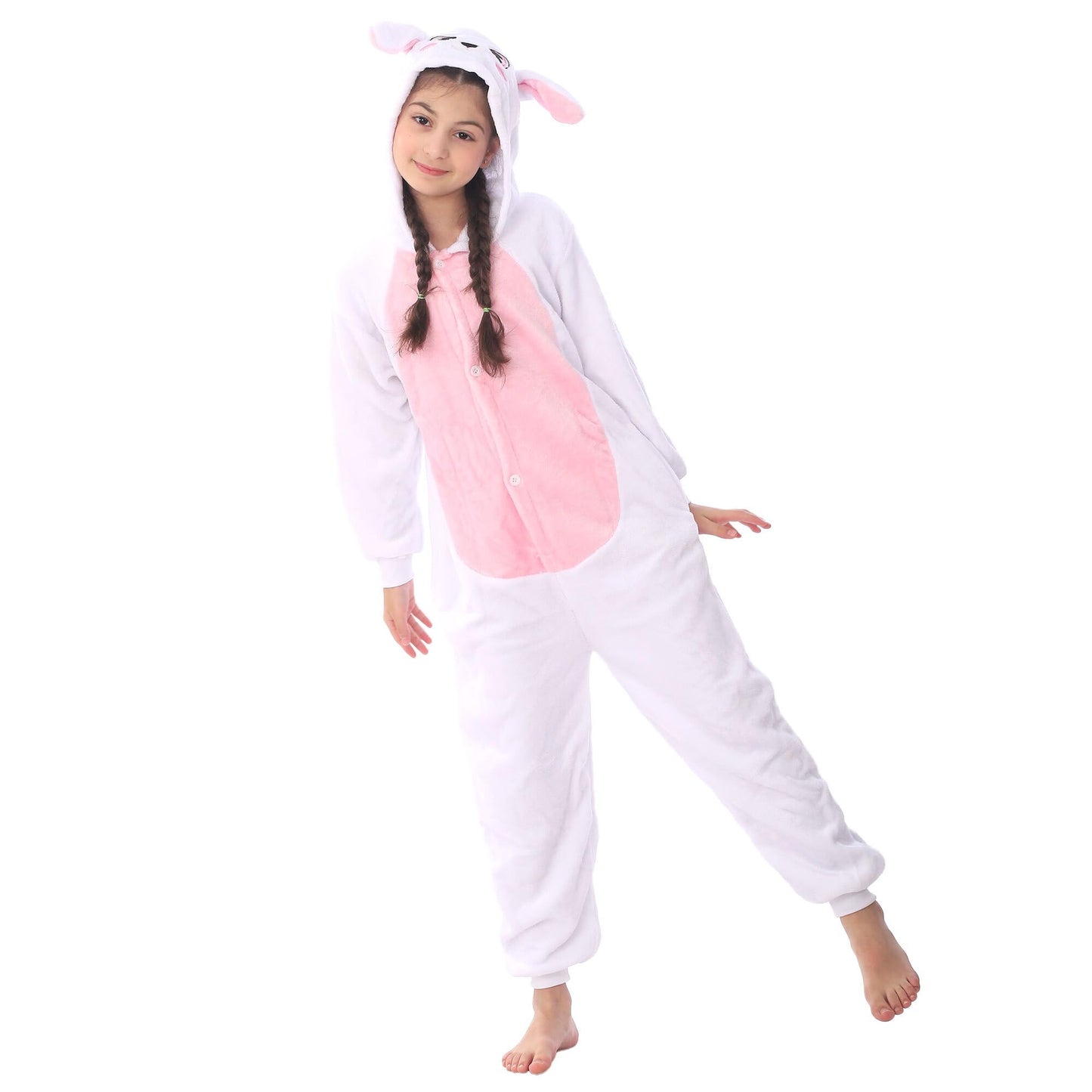 WAFUNNE Animal Onesie Costume for Kids Child Boys Girls Womens Mens Cosplay Halloween Costumes Easter Onesies White Pink Rabbit 140