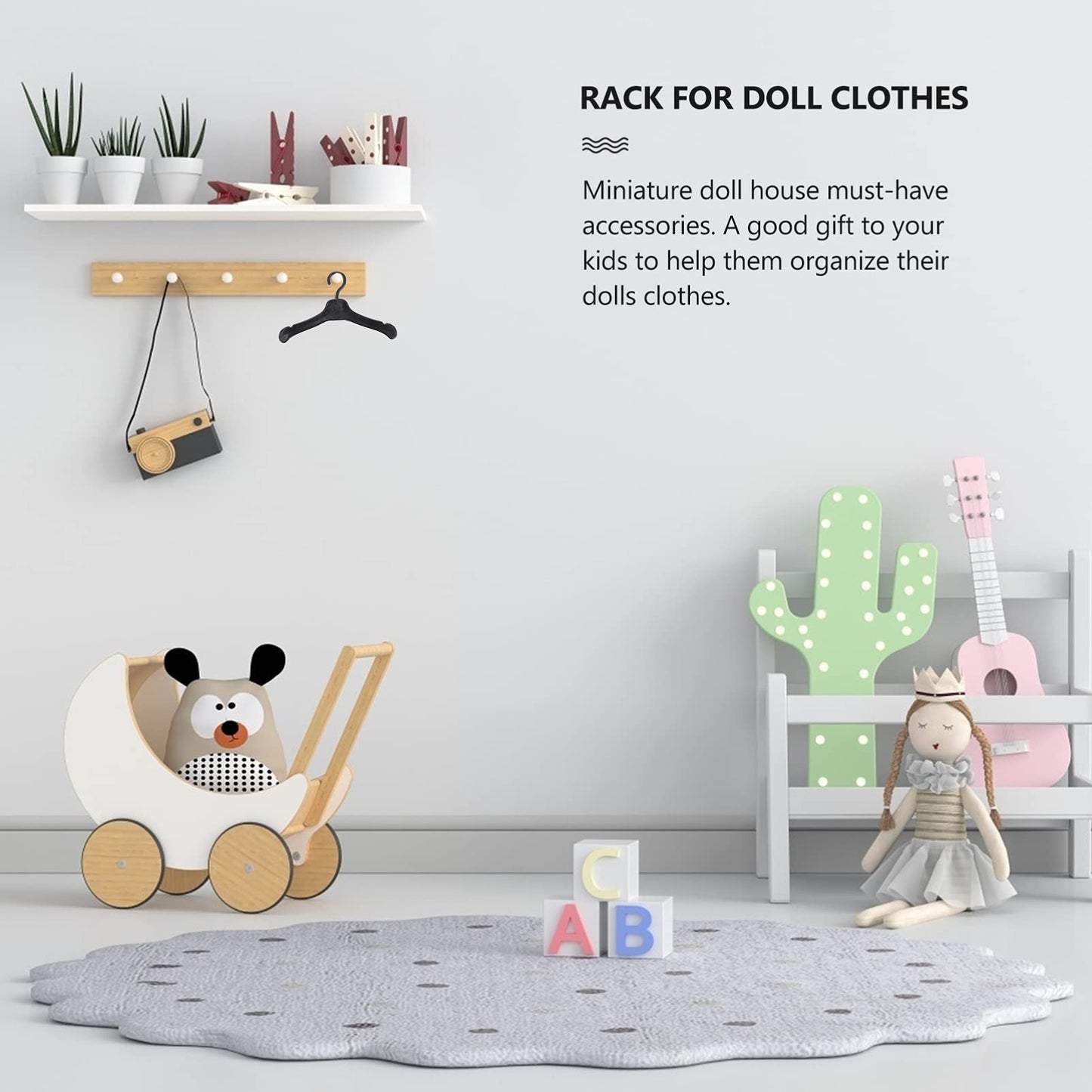 50Pcs Plastic Doll Clothes Hangers Doll Outfit Hanger Miniature Clothes Hanger Dollhouse Clothes Accessories (Black)