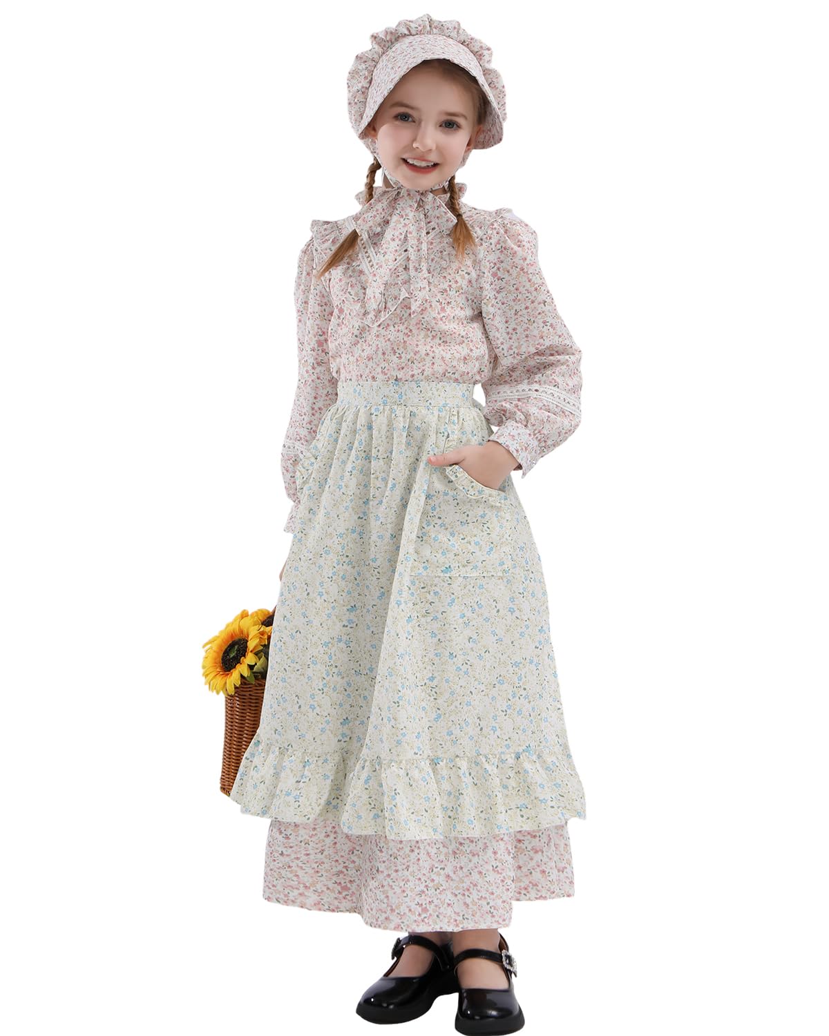Fccam Prairie Colonial Dress Girls Long Sleeve Pioneer Dress Costume Floral Pioneer Girl Laura Ingalls Wilder Pink Xl