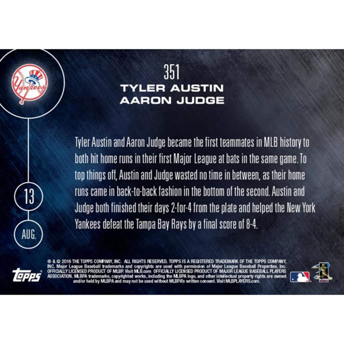MLB Topps Now Card 351NY Yankees Tyler Austin/Aaron Judge Trading Card