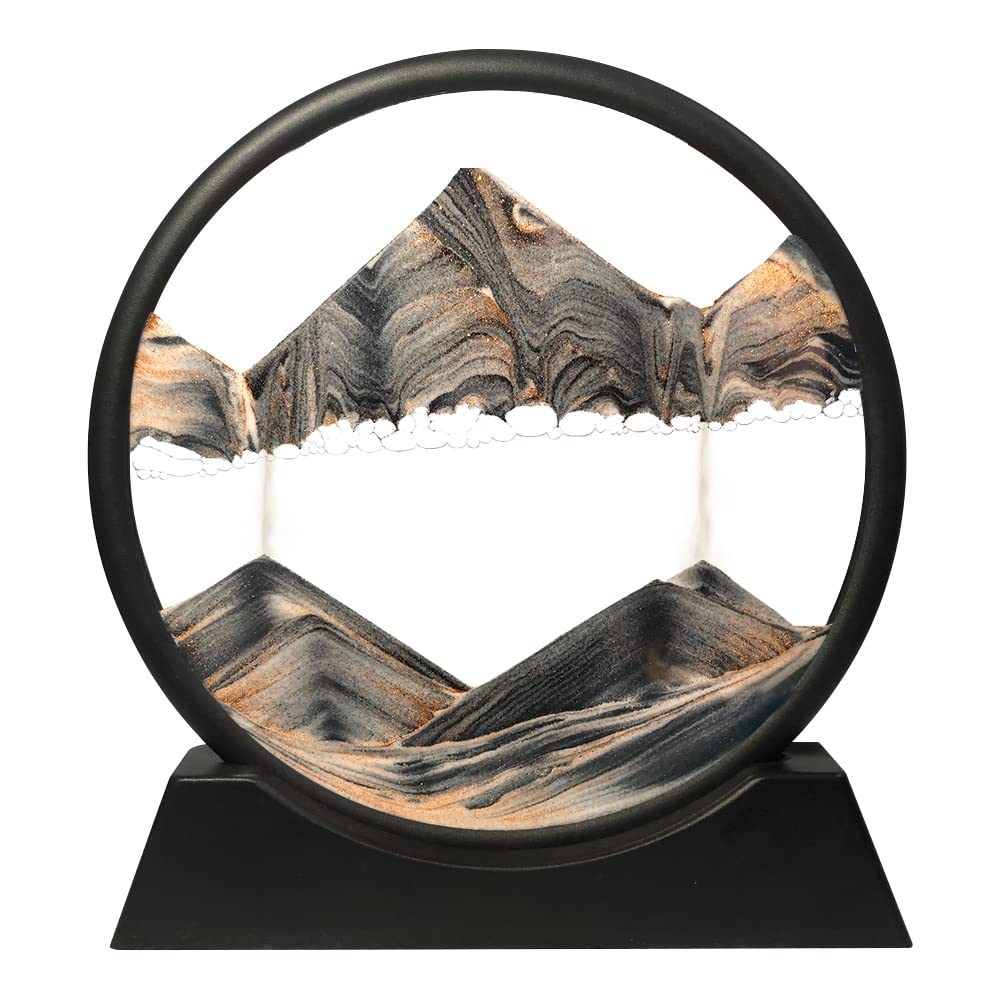 Muyan Moving Sand Art Picture Sandscapes in Motion Round Glass 3D Deep Sea Sand Art for mature-themed Kid Large Desktop Art Toys (Black  12 Inch)
