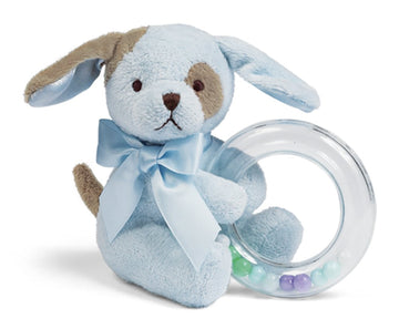 Bearington Baby Waggles Plush Stuffed Animal Blue Puppy Dog Shaker Toy Ring Rattle, 5''