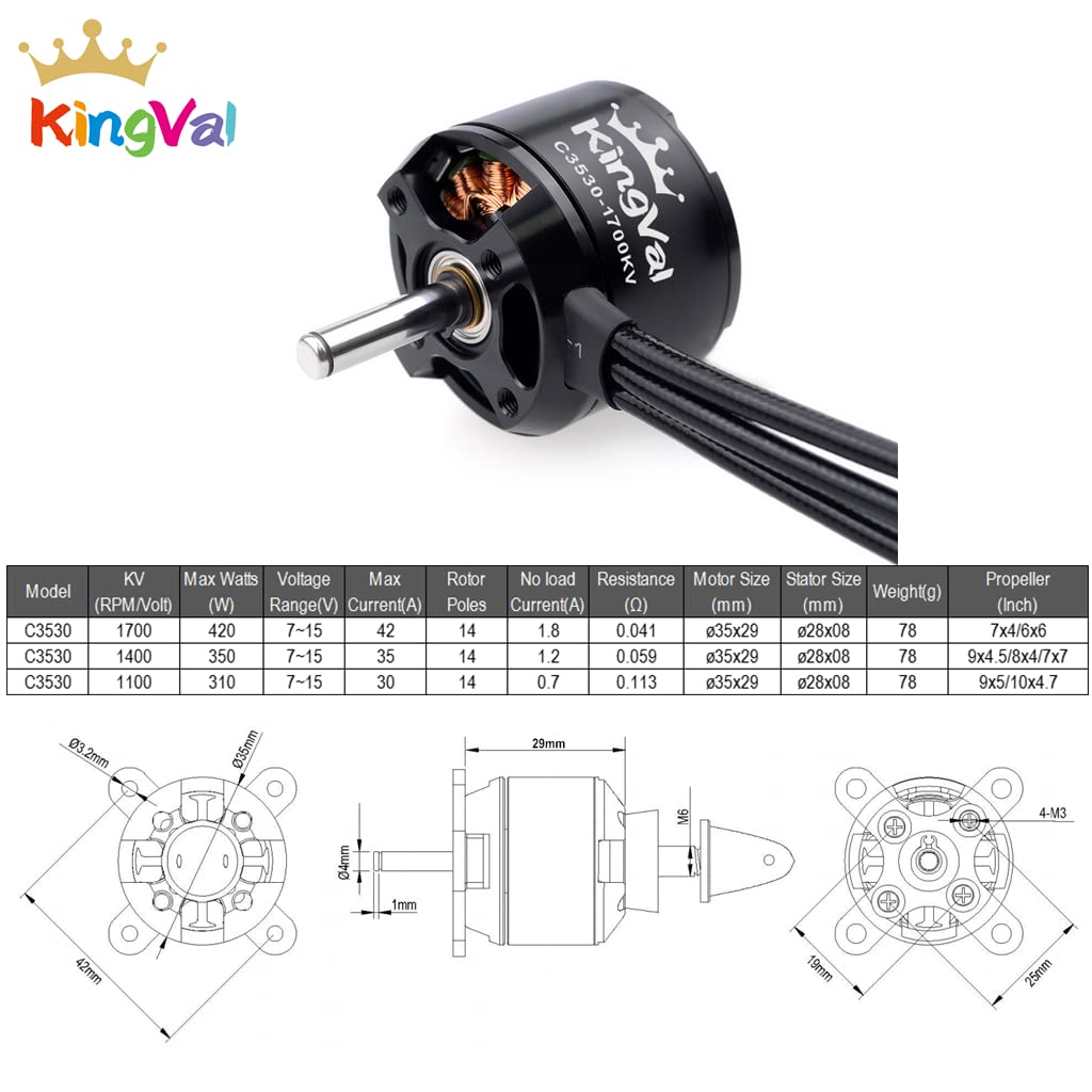 KingVal Replacement 3530 1100KV Brushless Motor with Screw Kit Compatible with RC Fixed-Wing Airplane Glider Aircraft