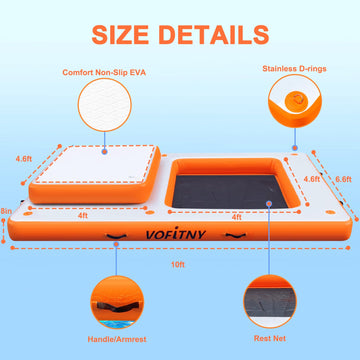 VOFiTNY Inflatable Floating Dock Water Mat - 10ft x 6.6ft, Orange, Up to 8 Person, Durable Plastic for Lake Recreation