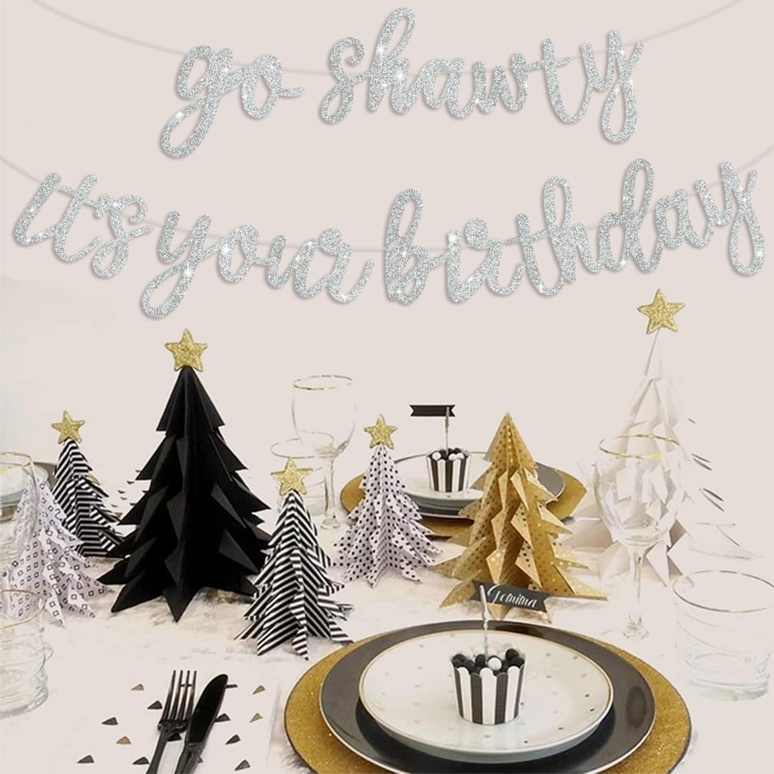 Beishida Silver Go Shawty It'S Your Birthday Banner - No Diy - Hip Hop Theme Glitter Happy Birthday Banner - Pre-Strung - Silver