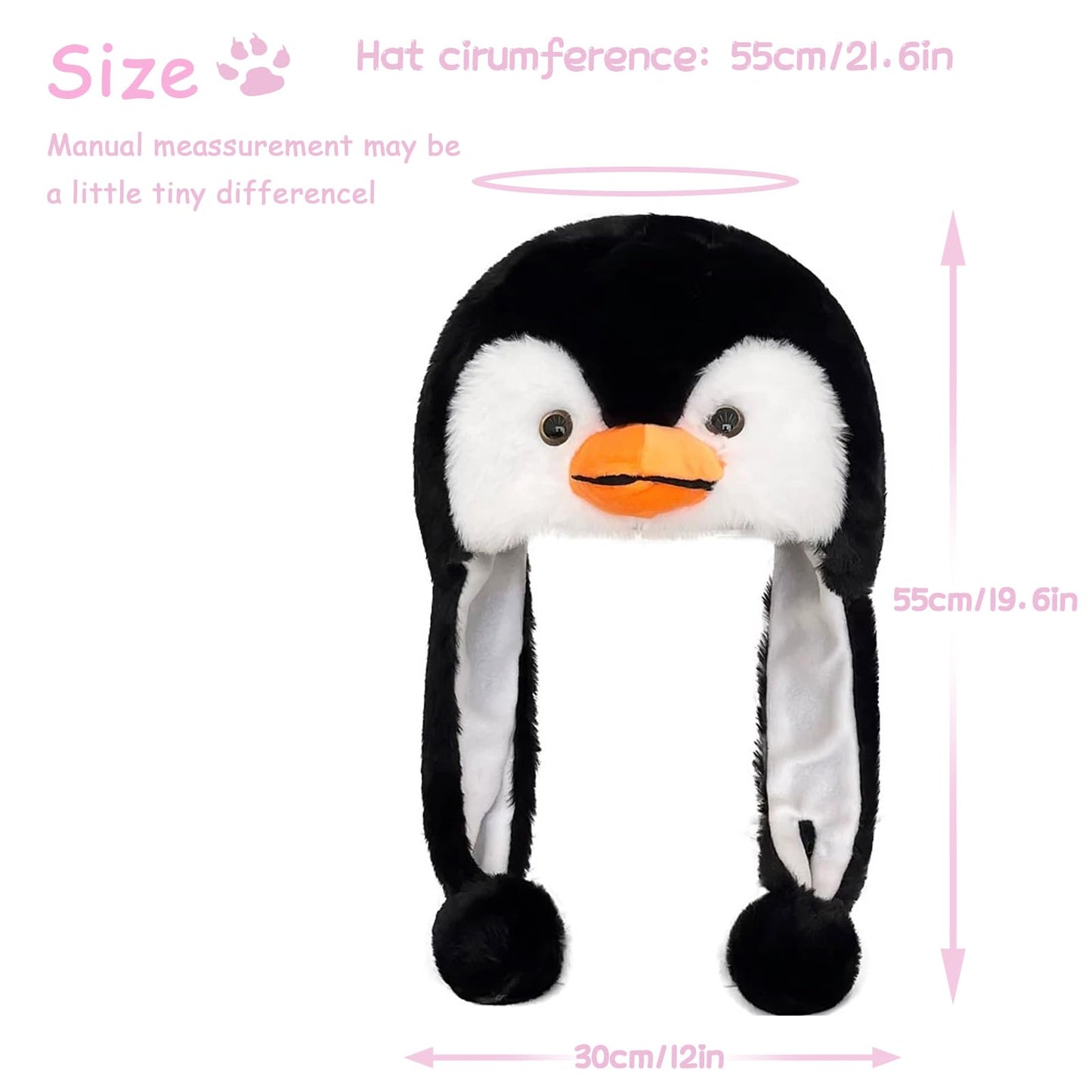 Funny Plush Animal Hat With Ear Flaps, Soft Fleece Hats Cute Bunny Cap For Kids Women Girls Cosplay Party (Penguin) Multi-Colore