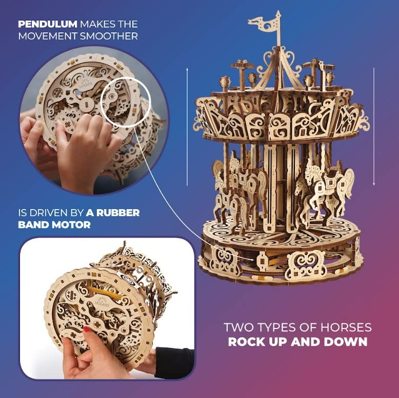 UGEARS Carousel Wooden Mechanical 3D Model Self-Assembling Craft DIY Kit mature-themed and Teens Puzzle Gift