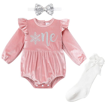 Winter Onederland Birthday Outfit: Snowflake First 1St Birthday Outfit Girl Baby Cake Smash Photoshoot Toddler Velvet Bubble Romper Socks Christmas Themed Party Supplies Pink Silver One 6-12 Months