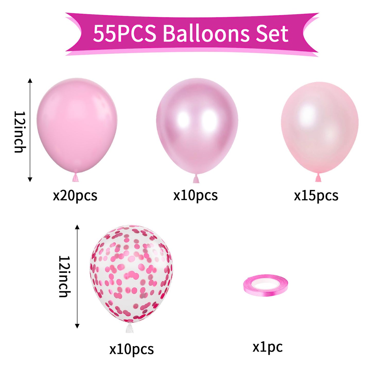 Pink Balloons, 55Pcs Pastel Pink Party Balloons 12 Inch Light Pink Balloons Pearl Pale Pink Latex Balloons Metallic Pink Balloon
