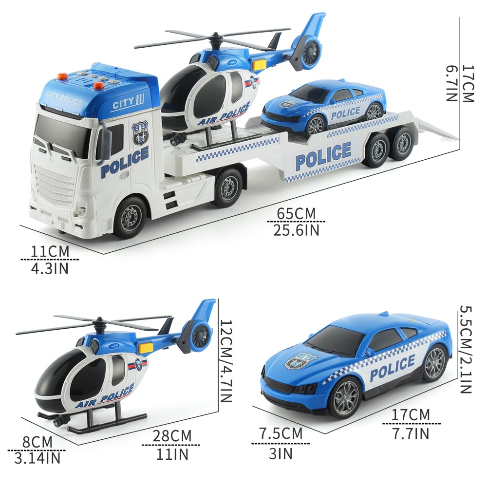 ANJARU Police Toys Vehicle Truck Playset - 25" Push & Go with Mini Car & Helicopter - Plastic - Police Trailer - Model 666-69F