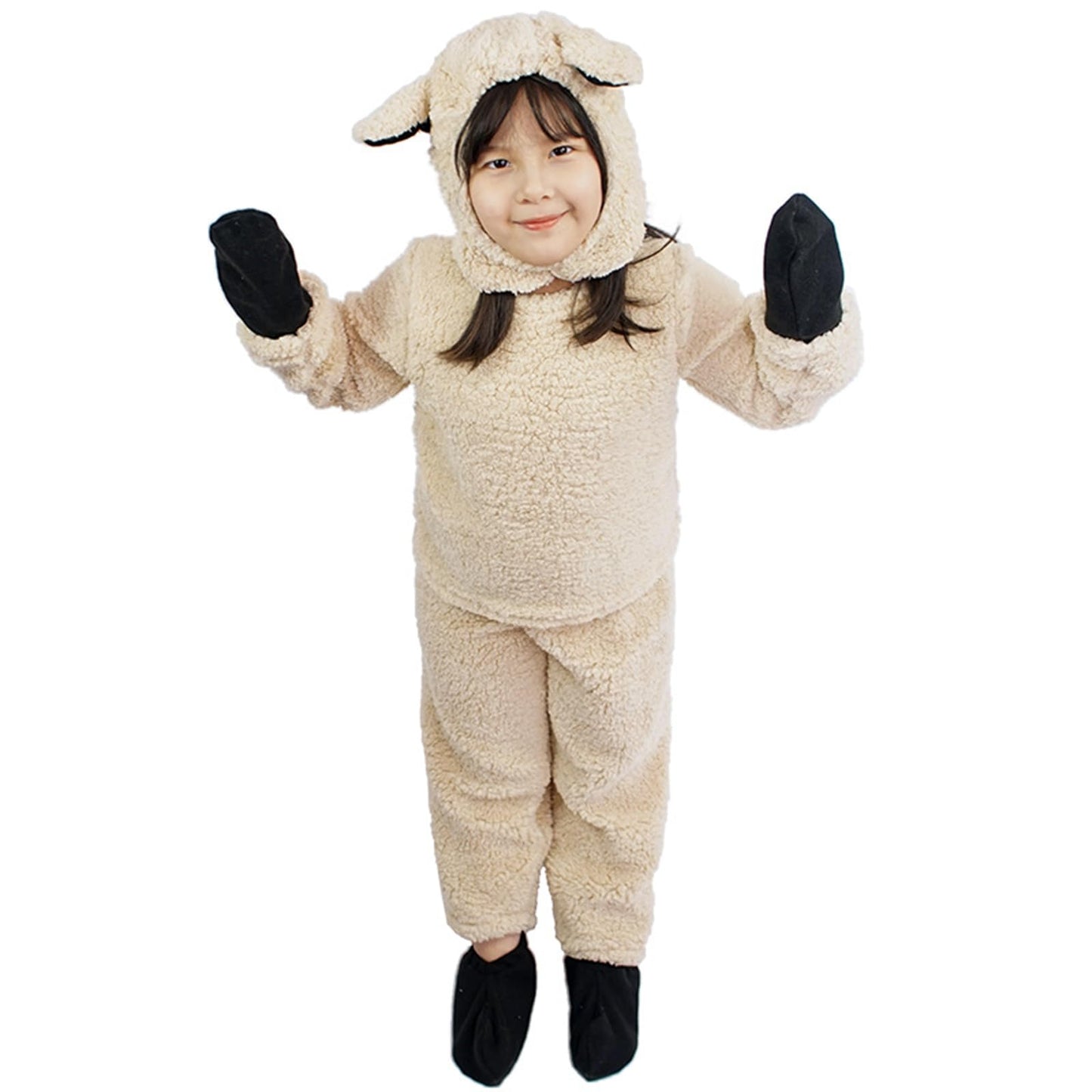 Feibel Kids Sheep Costume Fuzzy Little Lamb Halloween Christmas Outfit Long Sleeve Top + Pants + Hat + Gloves + Socks (Beige, L)