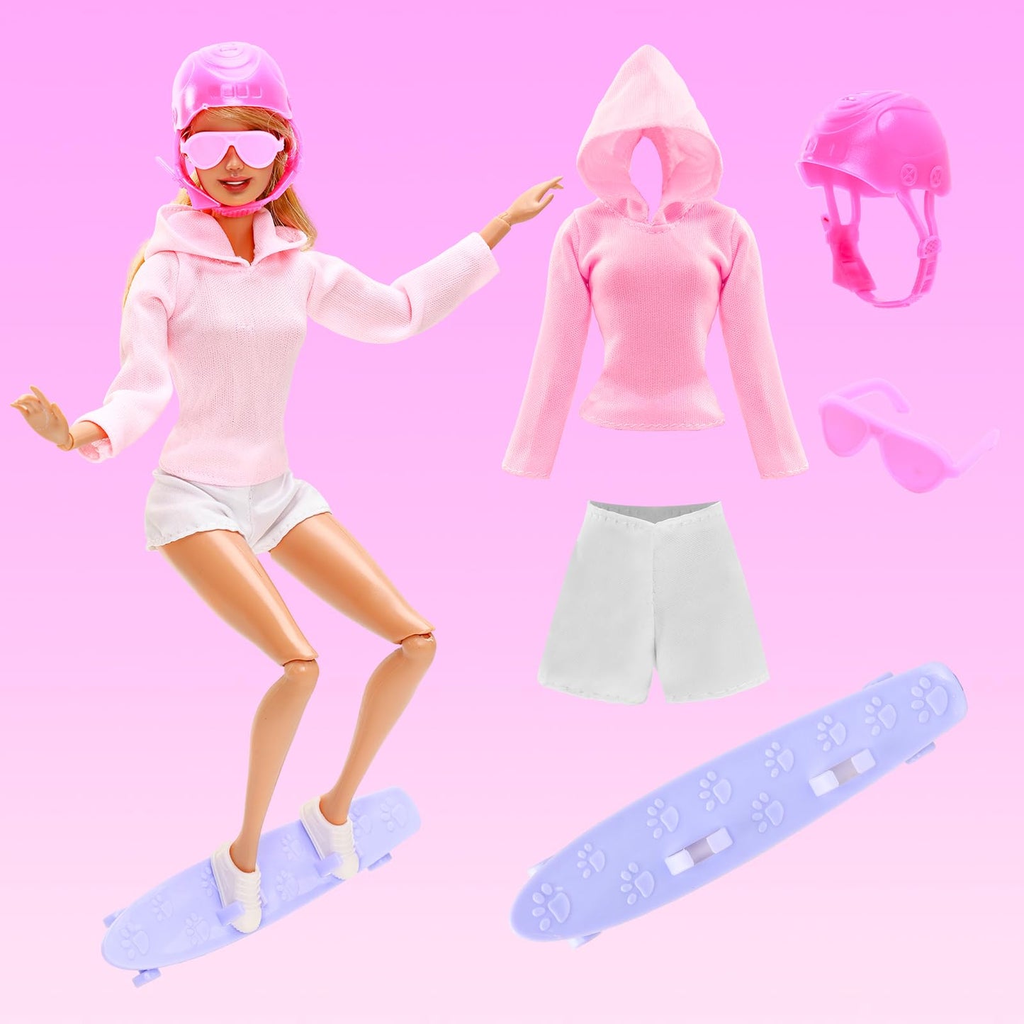 26 Pcs Doll Clothes And Accessories Rollerskating Set With Skates, Helmet, Sun Hat Swimsuit Hoodies Fashion Top And Pants Stocki