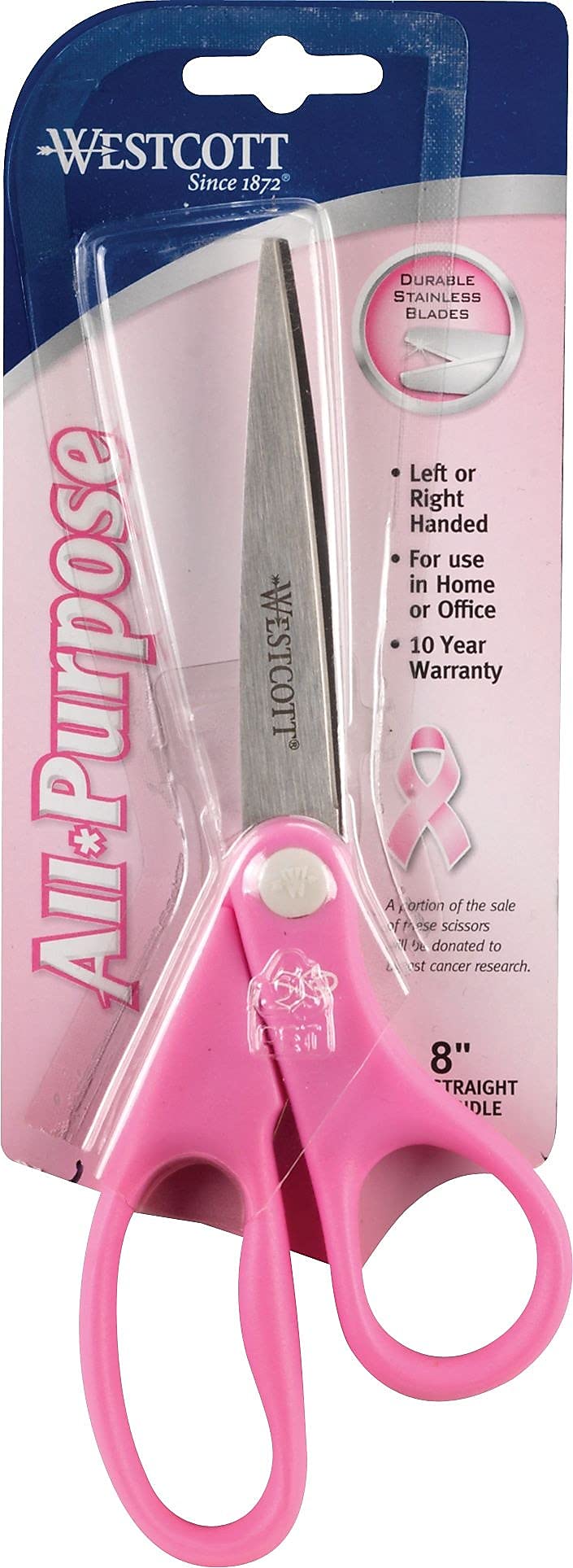 Westcott 15387 Pink Ribbon Stainless Steel Scissors with BCA Pin- 8 in. - Pink