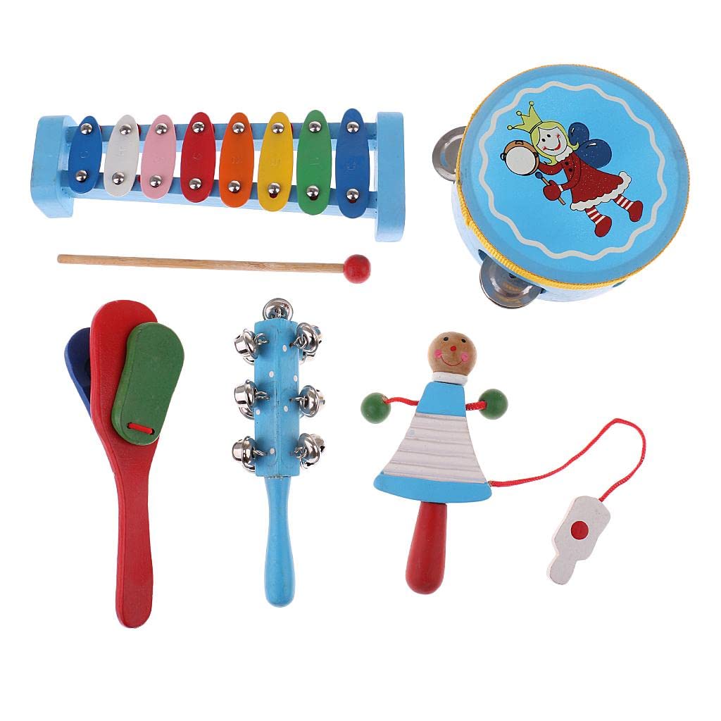 Ujeavette 5 Pieces Blue Wooden Cartoon Tambourine Musical Instruments Toys Gift For Kids Baby Toddl