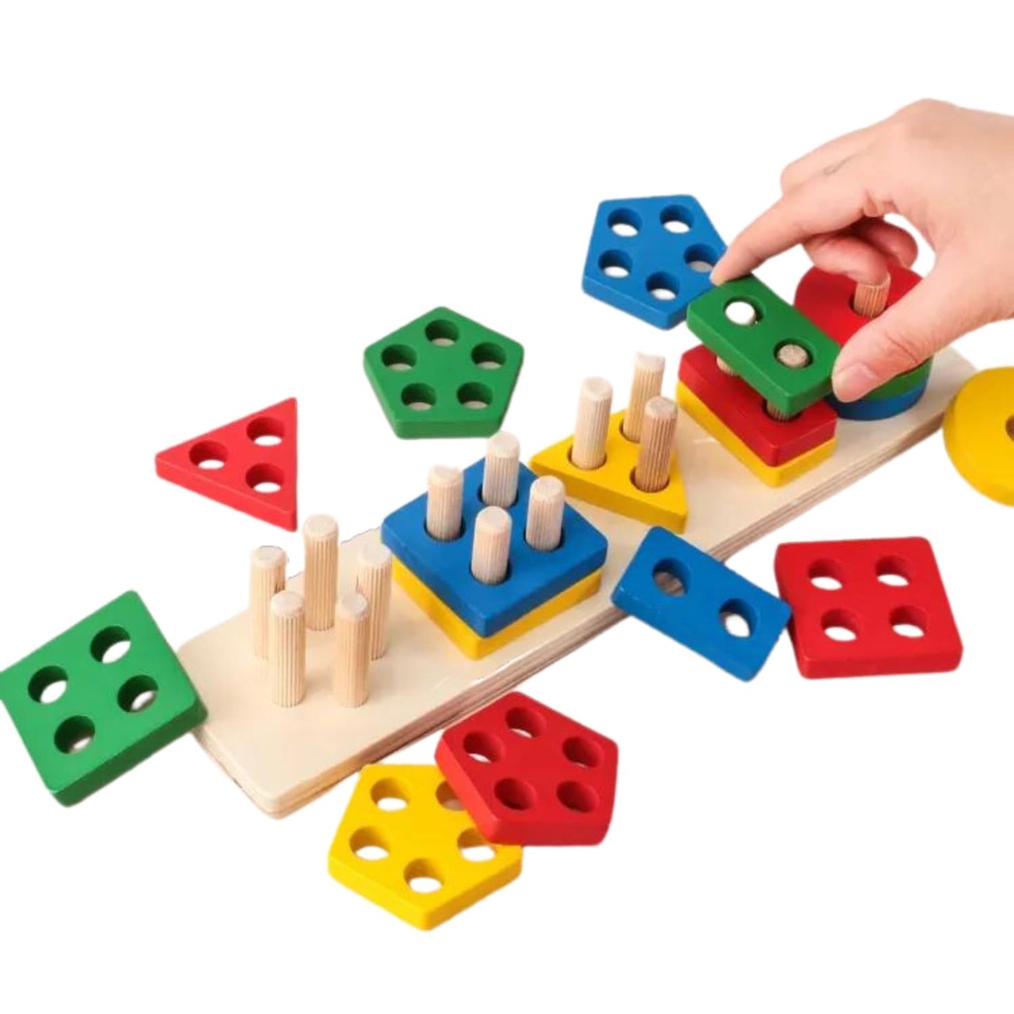 Little Mind 5 Shape Wooden Puzzle Blocks  20 Pieces Colorful Geometric Stacking Peg Board Learning Toy For Kids 3+ | Educationa