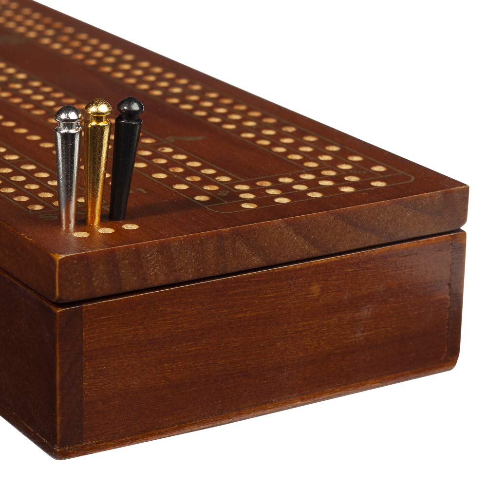 We Games 3 Player Wood Cribbage Set - Easy Grip Pegs And 2 Decks Of Cards Inside Of Board - Walnut Stained
