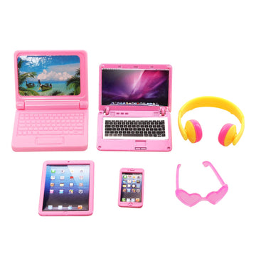 Miunana Doll Accessories And Dollhouse Set With Mini Computer Phone Headset Sunglasses Set Dollhouse 5 Pcs Kit Metal Dollhouse Computer Set