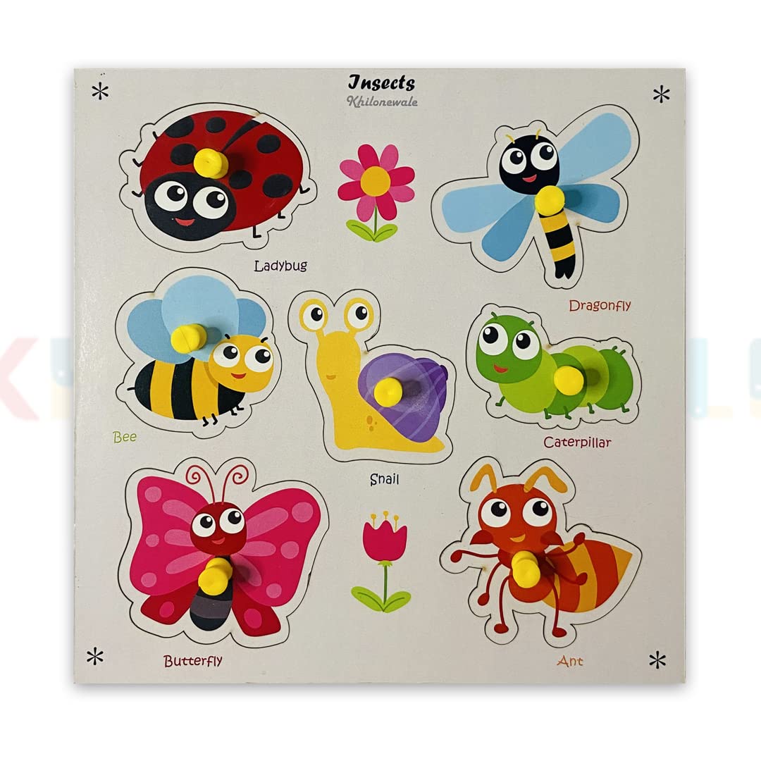 Multicolor Wooden Insects Puzzles For Kids  Knob Puzzle Set, Educational Learning Board Toy For Children (20Cm X 20Cm)