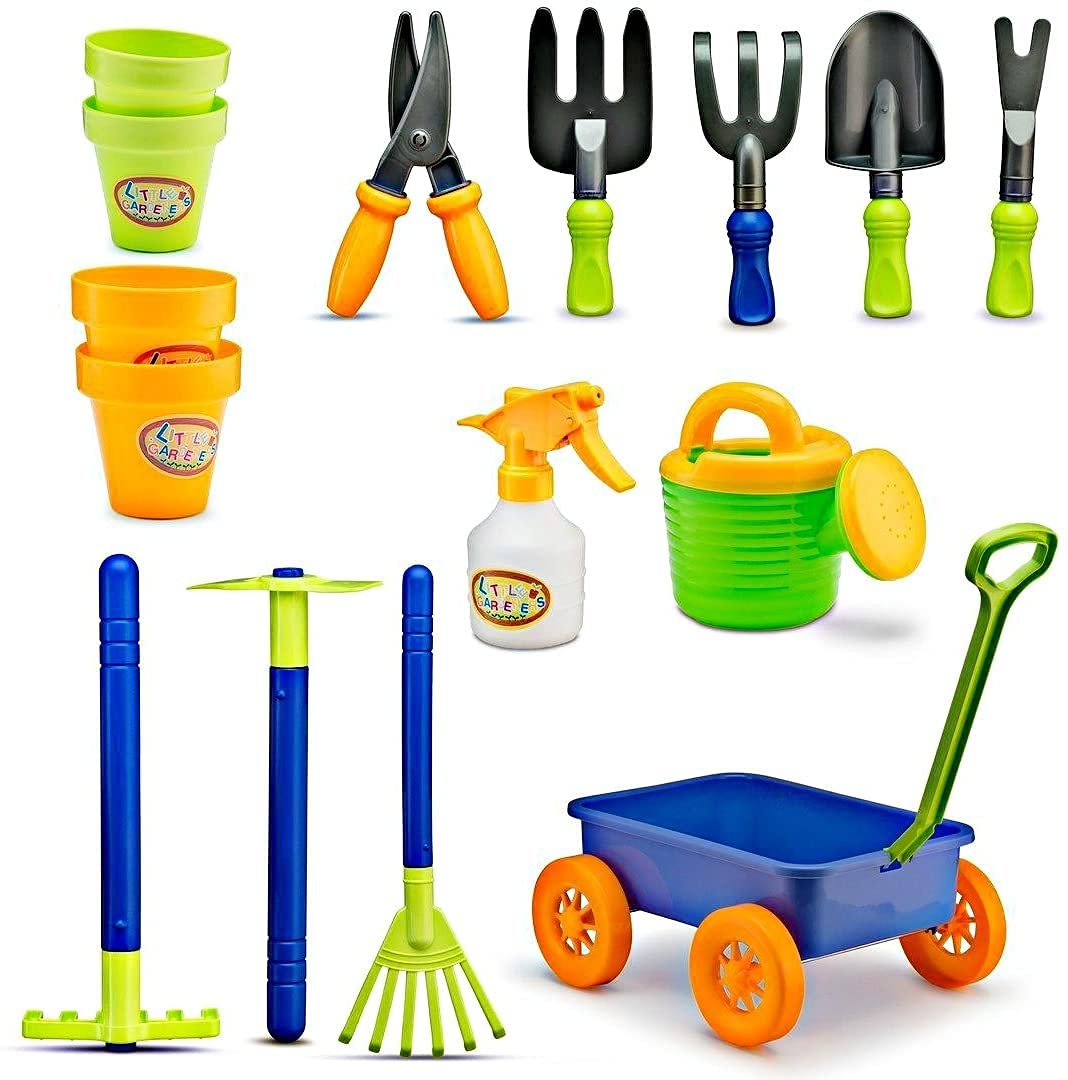 Dimple Garden Wagon & Tools Toy Set enhanced 15 Piece Gardening Tools & Wagon Toy Set - Sturdy & Durable - Top Yd  Beach  Sand  Garden Toy - Great for Kids & Toddlers (Garden Toy Set)  Green (2 Pack)