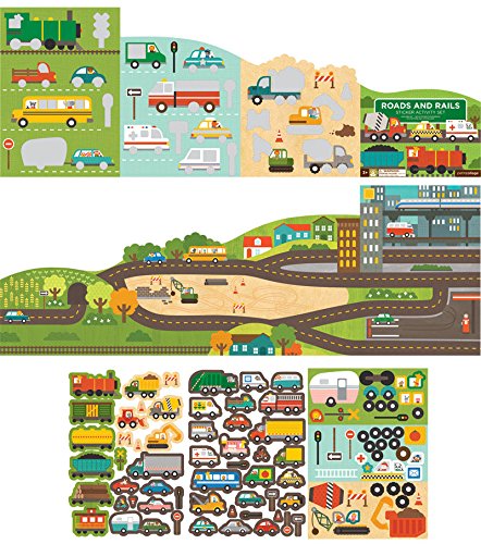 Petit Collage Sticker Activity Book, Roads and Rails - Giant Fold Out Sticker Book for Kids, Includes Over 100 Reusable Stickers