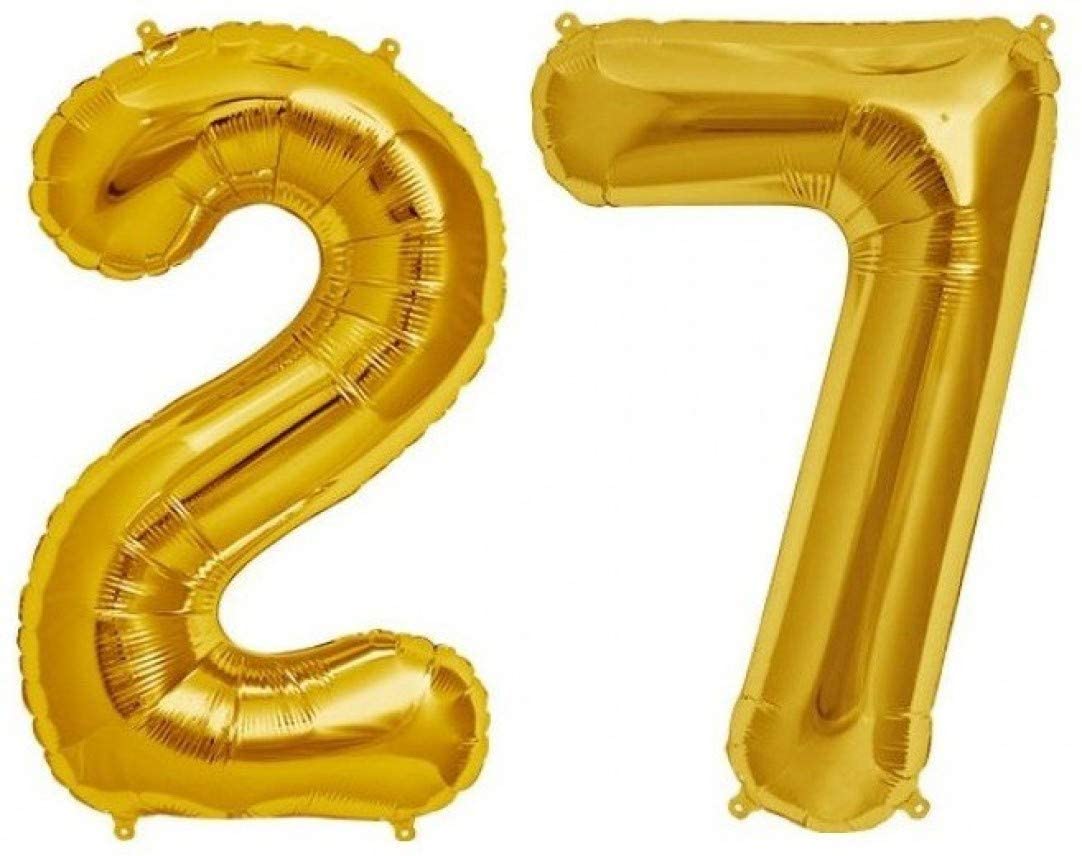 On Blow 27 Number Gold Foil Balloon 16 Inch Size for Birthday Celebrations, Anniversary, Engagement, Wedding, Farewell Party Dec