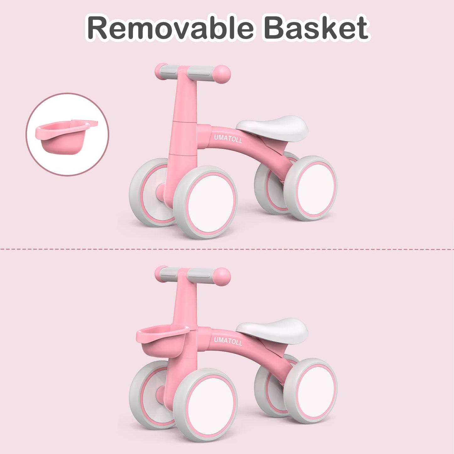 Umatoll Baby Balance Bike for 1 Year Old Boys Girls, 12-24 Months Toddler Balance Bike with Removable Basket, Adjustable Seat, 4
