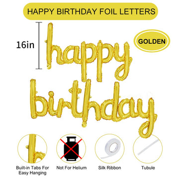 Toniful Gold Happy Birthday Balloons Banner, 16 Inch Mylar Foil Script/Cursive Letters Birthday Sign Banner Balloon Reusable Mat