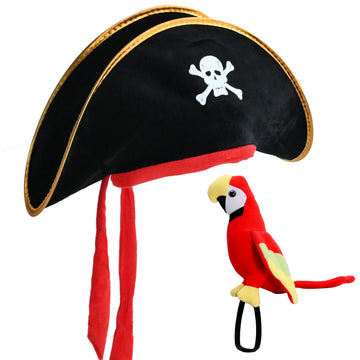 UOIENRT 2Pcs Pirate Hat Hat Skull Print & 10in Stuffed Parrot on Shoulder Pirate Costume Accessories for Halloween, School Play,