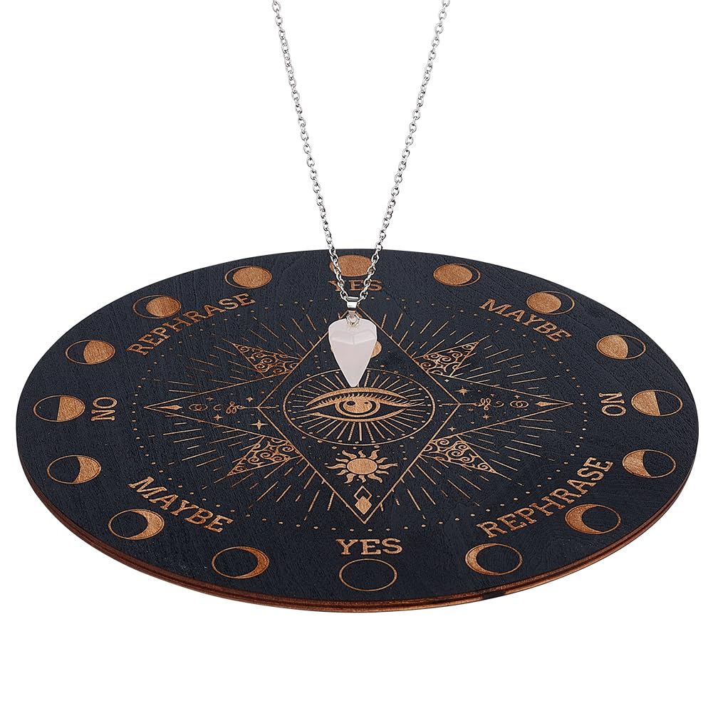 Infunly Witch Pendulum Board Eyes Runes Wooden Dowsing Planchette Board 7.9' Metaphysical Message Board With Pendulum Crystal Necklace For Beginners, Witchcraft Altar Supplies