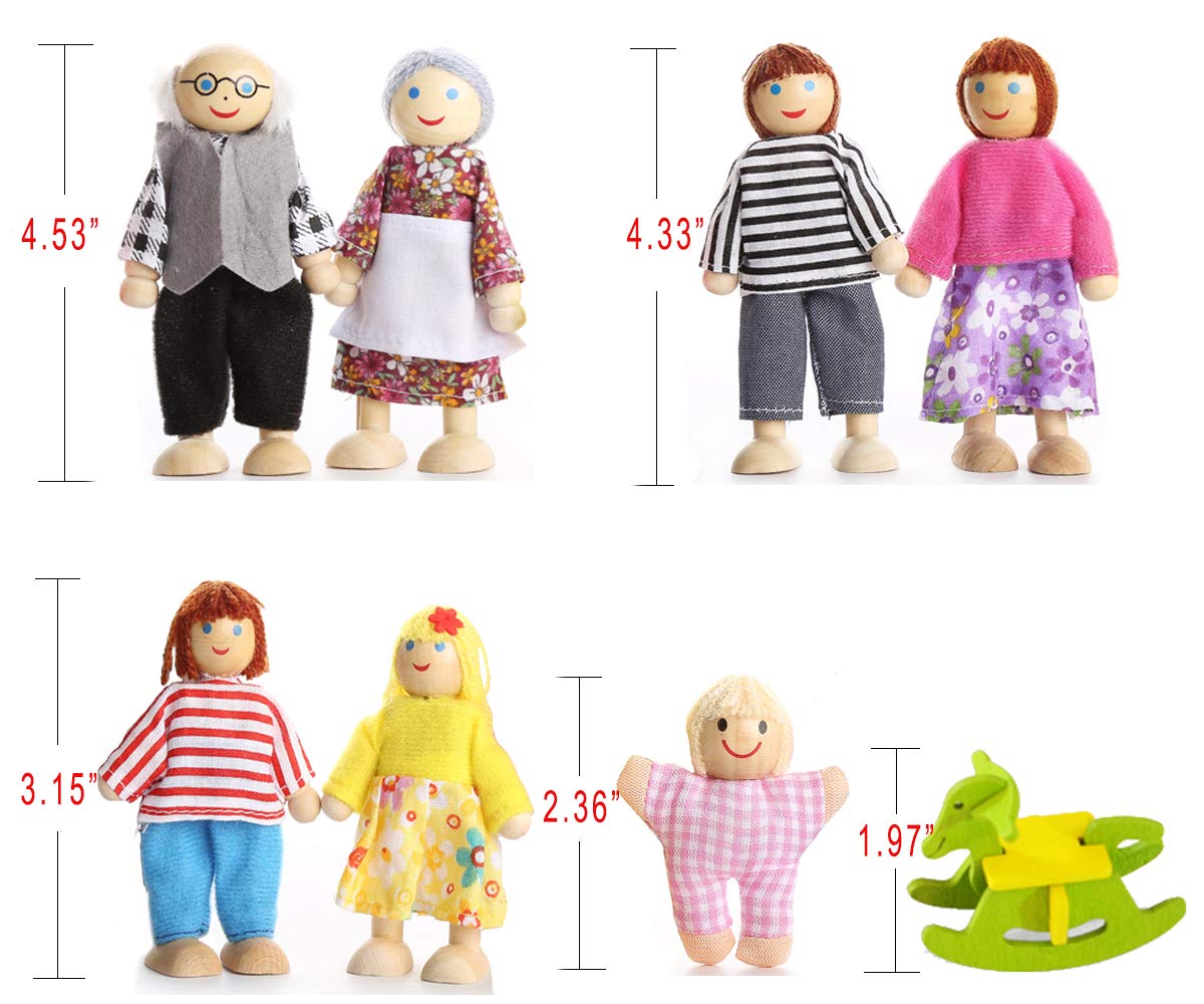 Puckway Lovely Happy Family Dolls Playset Wooden Figures Set Of 7 People With Diy Horse For Kids Children Toddlers Dollhouse Pretend Gift