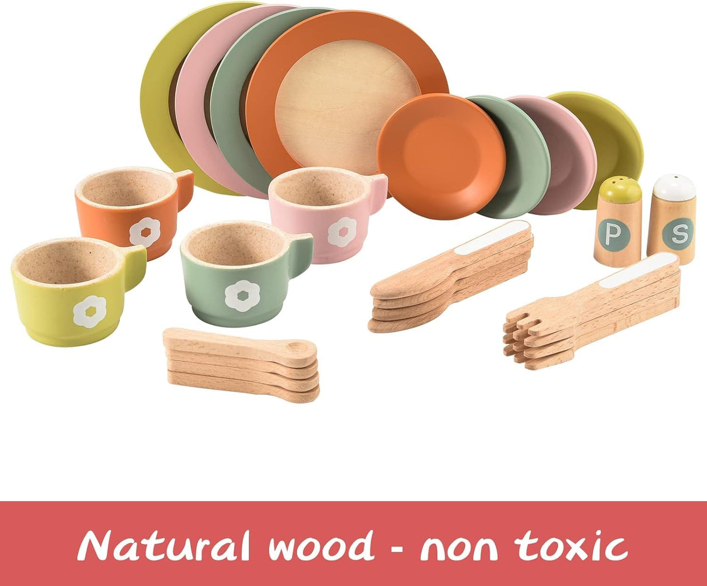 Giant bean 27PCS Wooden Toy Plates and Dishes for Kitchen Set,Montessori Kitchen Toys for Girls and Boys, Wooden Play Kitchen Ac