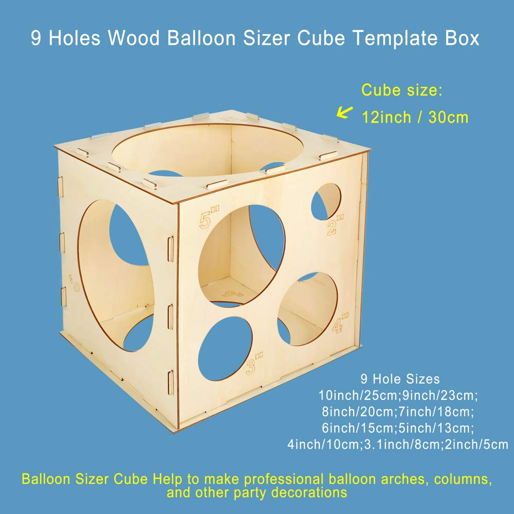 Auihiay 2-10 Inch Collapsible Wood Balloon Sizer Box Cube, Balloon Size Measurement Tool For Balloon Decorations, Balloon Arches, Balloon Columns (9 Holes)