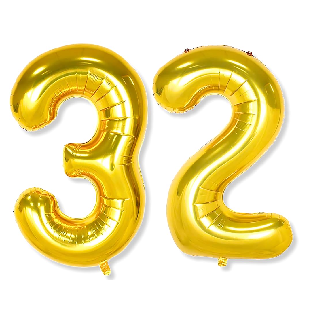 Flyloons 32 number Golden Foil Balloon 16 inch Size Birthday Decoration Items Pack of 2 | 32nd Year Balloons | Thirty Two